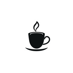 A coffee cup logo black silhouette, vector style, flat design. Steam icon rises from the cup. Isolated on a white background. 