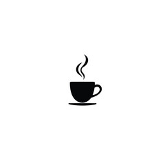 A minimalist logo a black silhouette of a coffee cup with steam, rendered in geometric shapes and clean lines on a white background. 