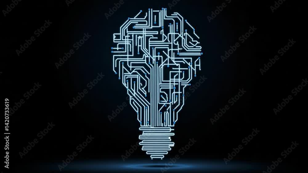 Poster digital innovation: an intricate circuit board design shaped into a lightbulb, representing the esse