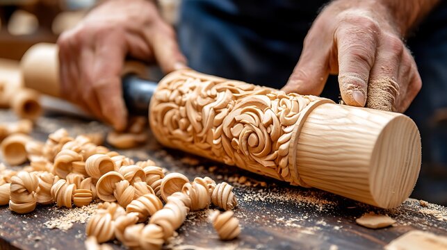 Craftsman intricately carving wooden column