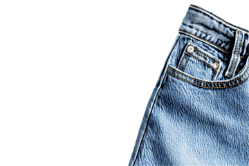 Faded Denim Jeans Detail: Textured Fabric, Rivet Accent, Isolated on White.