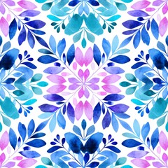 Fototapeta premium Serene Watercolor Floral Mandala: Blue and Purple Botanical Pattern