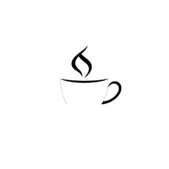 Coffee logo black silhouette of a coffee cup with steam, geometric and symmetrical design, solid black against white background. Clean lines and minimal style