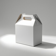 Photorealistic white cardboard gable box with die-cut handle, matte surface, and soft shadows. Front view isolated on white, ideal for branding mockups.