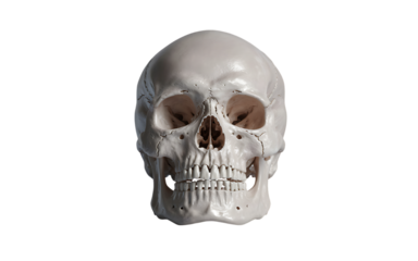 Realistic human skull model used for educational purposes in anatomy studies, showcasing detailed structure and features for scientific learning