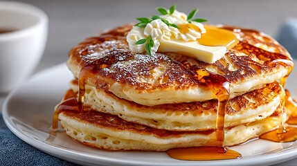 Fluffy American Pancakes with Maple Syrup and Butter on a Plate