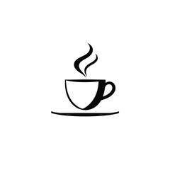 Simple coffee logo black vector silhouette of a coffee cup and steam. Centered on white background. Geometric and symmetrical, using solid shapes and clean lines. Minimalist style