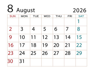 2026年カレンダー　8月(2)