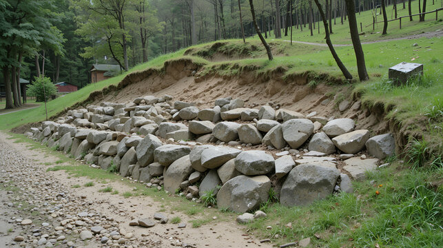 Natural boulders are used as retaining walls of ground banks that have been embanked. Other slopes are planted with grass to prevent erosion caused by rain.