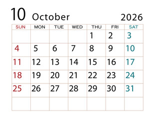 2026年カレンダー　10月(2)