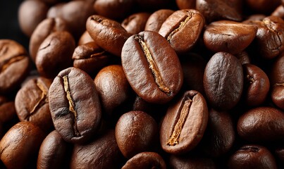 Naklejka premium Roasted coffee beans close-up, stacked and piled up