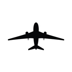 Vector logo a black airplane silhouette, geometric and clean lines. Centered on a white background, this flat minimalist design highlights balance and symmetry, perfect for a travel brand