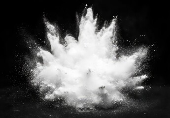 Dramatic explosion of white powder creating dynamic cloud formation against a dark background with a sense of movement and energy captured in fine detail
