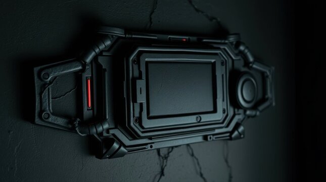 Futuristic device mounted on cracked wall in dark setting with red light - Powered by Adobe