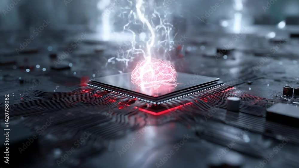 Poster technological fusion: a cutting-edge microchip, pulsating with energy, has a holographic brain and a