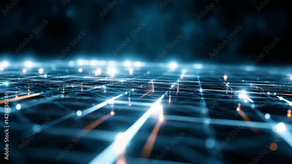 Poster digital network grid: abstract glowing network grid representing global connectivity, data flow, and