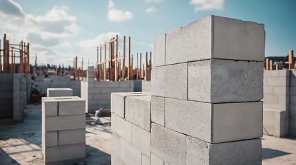 Construction site with building walls made of aerated concrete blocks, showcasing the structure's progress in a clean and organized environment. 