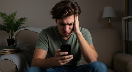 Fototapeta premium Teenage Boy's Sadness: Late-Night Smartphone Worries