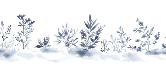 Delicate watercolor landscape with botanical elements in subtle blue shades