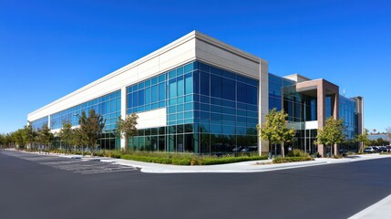 Modern office building exterior under a clear blue sky.
