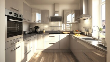 Fototapeta premium Modern, minimalist light beige corner kitchen design.