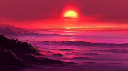 Crimson sunset over misty mountains