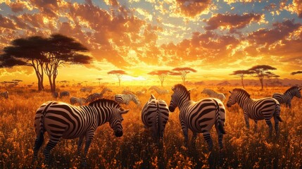 Zebras Gather Peacefully Under A Vibrant Golden Sunset Landscape