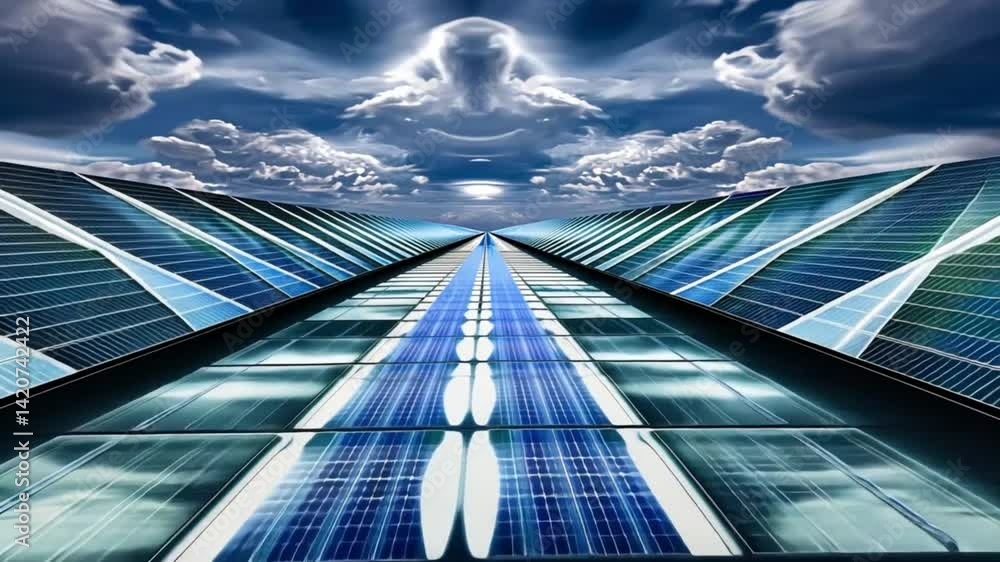Wall mural solar panels array reflect under cloudy sky generates power
