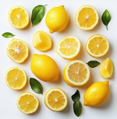 Fresh and Juicy Lemons Arranged on White Surface with Green Leaves for a Bright and Vibrant Culinary Background or Still Life Composition