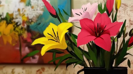 Vibrant bouquet of lilies in a vase with colorful abstract background art