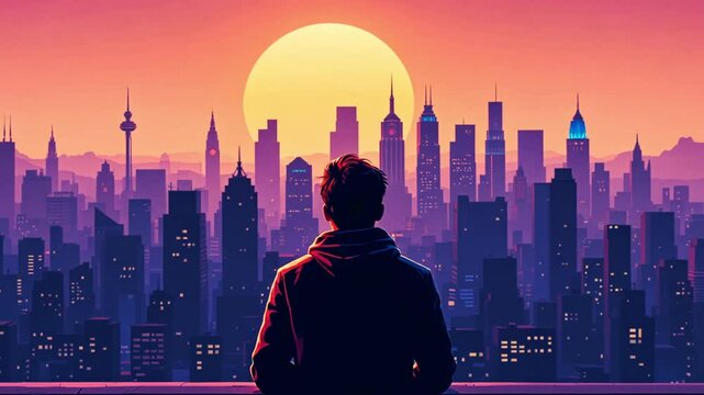 Man Standing Still, Overlooking Urban Landscape &ndash; Inspirational City View at Sunset