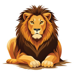 A majestic male lion with a full, dark mane rests against a plain white background, looking directly at the viewer.
