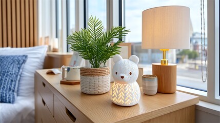 Adorable Polar Bear Silicone Lamp on Nightstand with Cozy Decor Elements