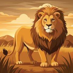 A majestic male lion with a full, dark mane rests against a plain white background, looking directly at the viewer.
