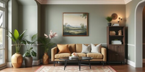 Tranquil Living Room Interior Design Sage Green Walls Tan Sofa Plants