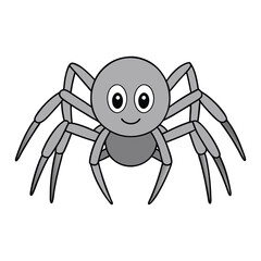A playful cartoon spider in shades of grey and black, sporting a friendly smile, with eight spindly legs and large, expressive eyes, exuding charm and cheer.