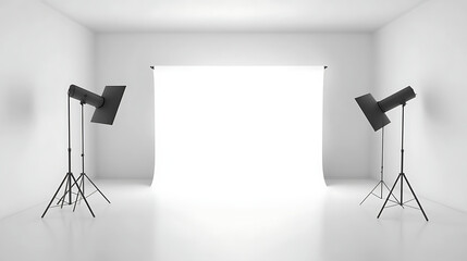A white room with two black lights on either side of a white backdrop