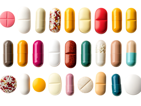 Pills, isolated on a clean white background, showcasing their shape and details