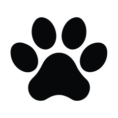 A solitary black paw print is centered on a stark white background.
