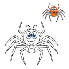 A cute, funny cartoon spider with big googly eyes, a mischievous smile, and tiny legs, hanging from a web in a playful pose, ready for fun and giggles.