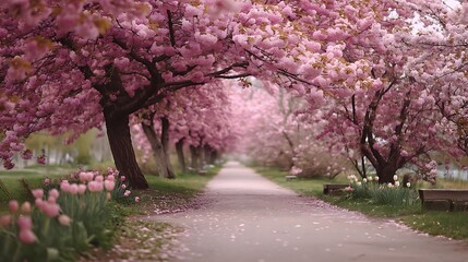 Pink Cherry Blossom Lined Path