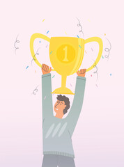 winning first place, celebrating first place winner while show the trophy, winner concept, winner celebration. vector illustration
