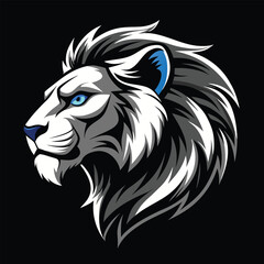 A striking black and white profile of a lion's head with piercing blue eyes emerges from a deep black background.
