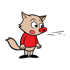 Little pig stands firm as the Big Bad Wolf huffs and puffs, blowing fiercely at the sturdy brick house—but it won’t budge! Classic fairy tale showdown in action.