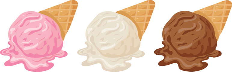 set of assorted ice cream scoops in a waffle cup with different flavors and colors, for a variety of summer designs