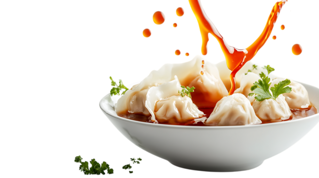 Soy sauce splashing on dumplings in bowl white or transparent background. - Powered by Adobe