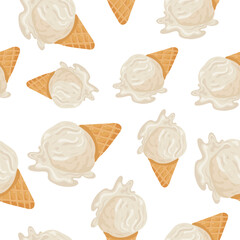 seamless pattern with an icon of a waffle cup with a scoop of white vanilla ice cream melting, for various summer designs