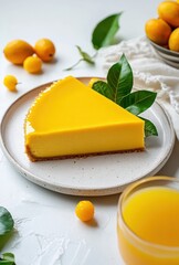 Fototapeta premium Fresh Lemon Tart with Smooth Custard Filling Garnished with Citrus Leaves on a Light Background Perfect for Dessert Lovers and Food Photography