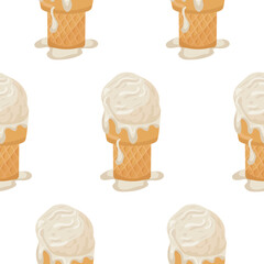 pattern with an icon of white vanilla ice cream in a waffle cup, for various summer designs