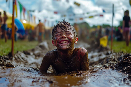 A happy boy, covered in mud, crawls through a deep, dirty mud hole at a lively outdoor festival, laughing with excitement.